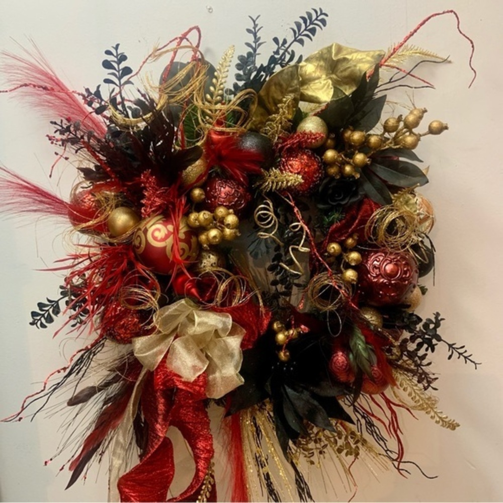 Elegant Unique Floral Christmas Contemporary Black Red Gold Door Wall Wreath